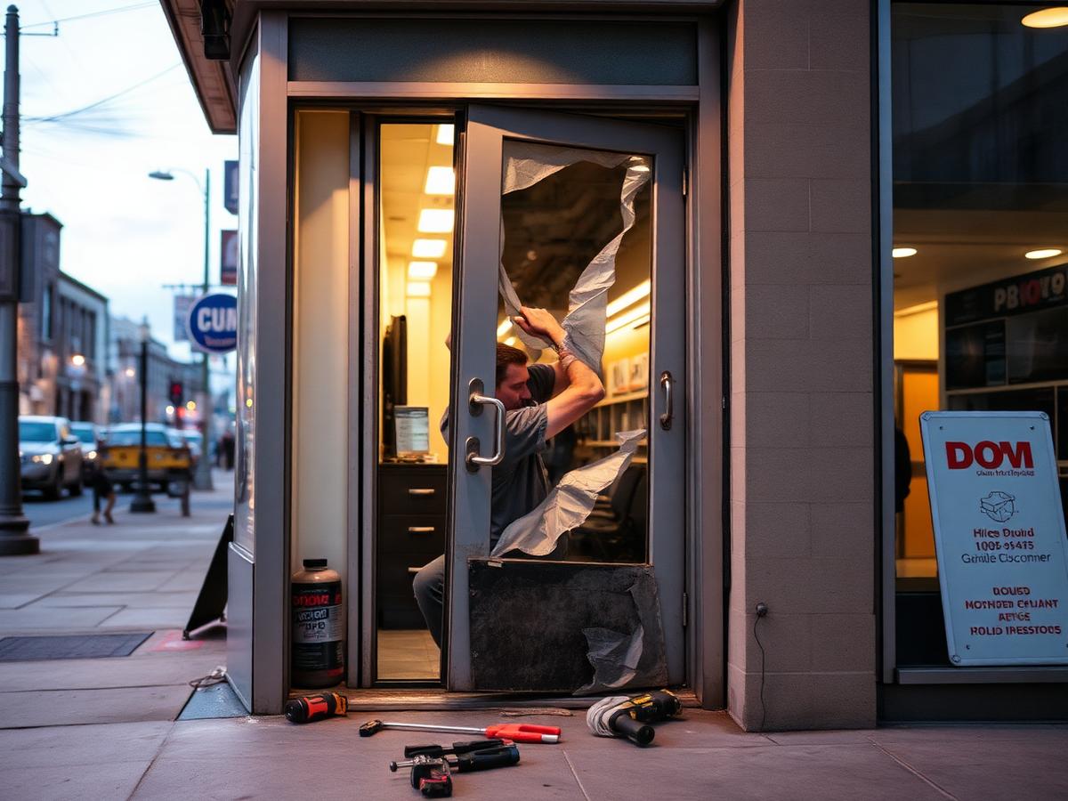 Technician repairing a damaged commercial storefront door