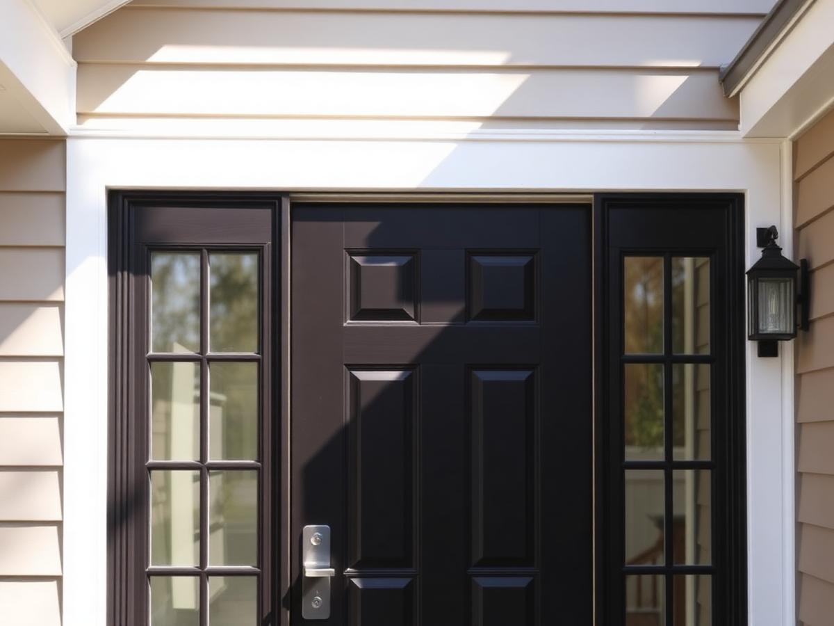 New dark exterior entry door with sidelights on a home