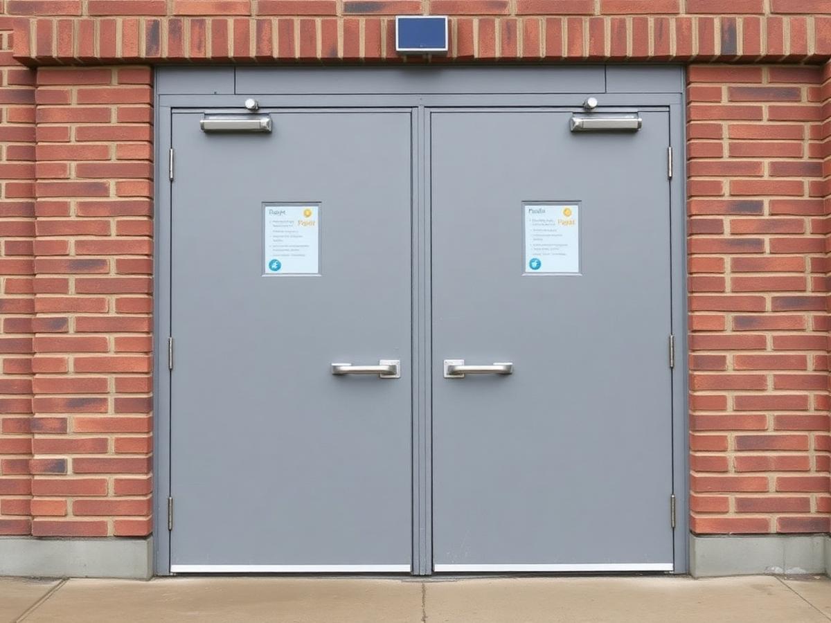 Commercial double doors with panic hardware installed at a school facility